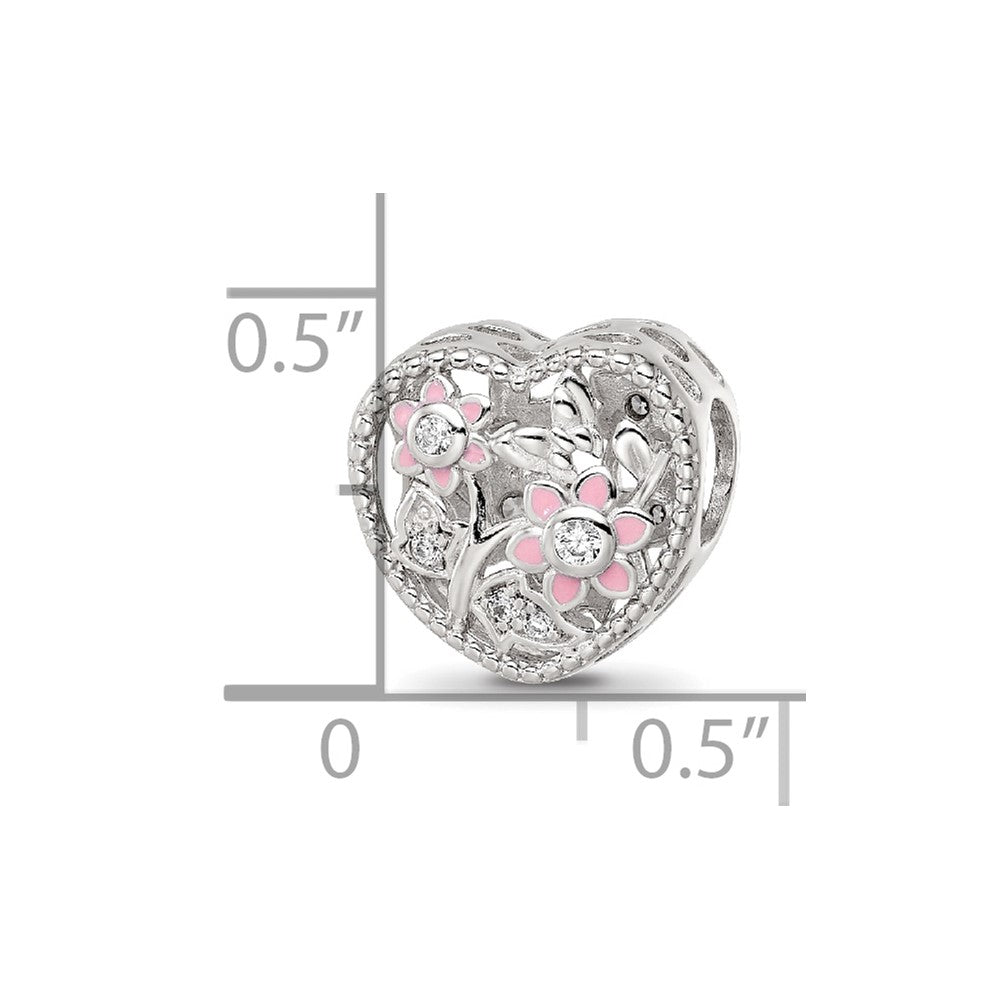 Sterling Silver Reflections Rhod-plated Enamel CZ Heart Shaped Bead