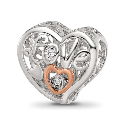 Sterling Silver Reflections Rhodium and Rose Gold-plated CZ Love Heart Shaped Bead
