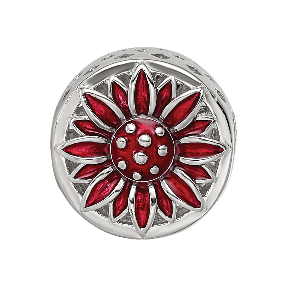 Sterling Silver Reflections Rhodium-plated Red Enamel Flower Bead