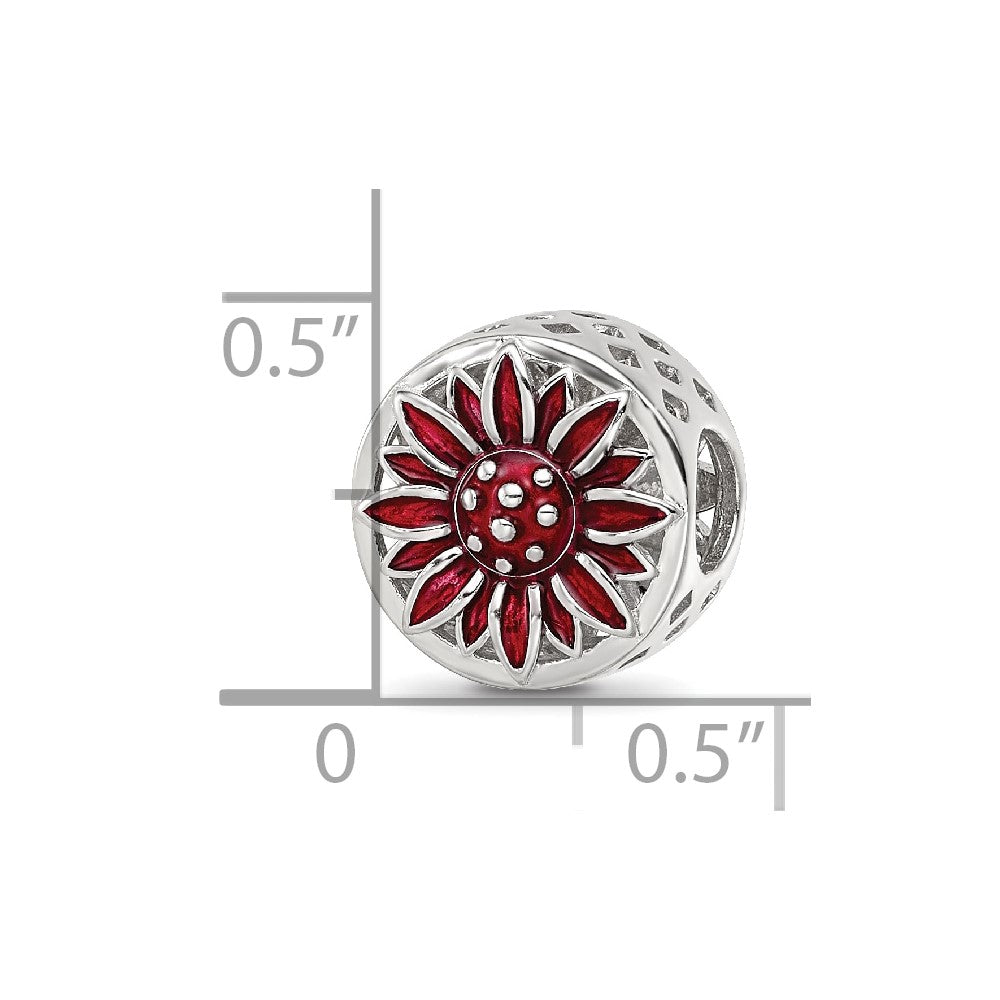 Sterling Silver Reflections Rhodium-plated Red Enamel Flower Bead
