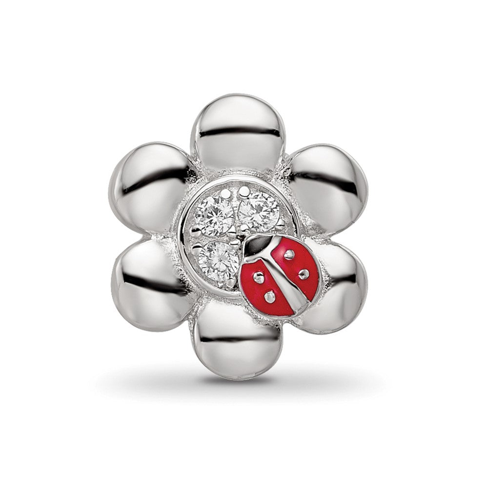 Sterling Silver Reflections Rhod-plated Enameled CZ Ladybug Flower Bead