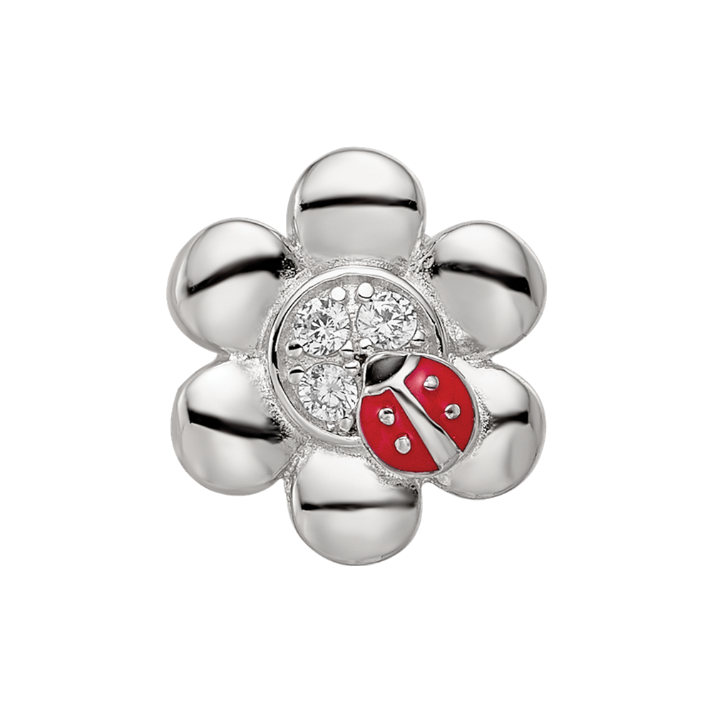 Sterling Silver Reflections Rhod-plated Enameled CZ Ladybug Flower Bead