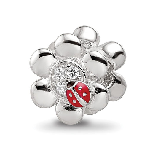 Sterling Silver Reflections Rhod-plated Enameled CZ Ladybug Flower Bead
