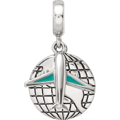 Sterling Silver Reflections Rhod-plated Earth & Plane 2-Piece Dangle Bead