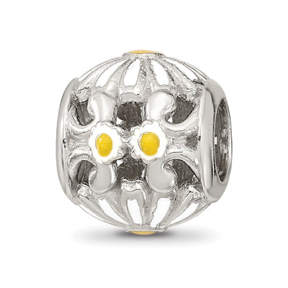 Sterling Silver Reflections Rhodium-plated Enamel Daisies Bead