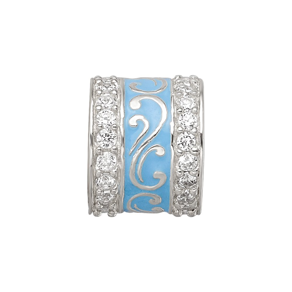 Sterling Silver Reflections Blue Enamel CZ Swirl Design Bead