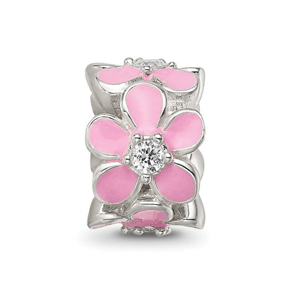 Sterling Silver Reflections Pink Enamel CZ Floral Bead