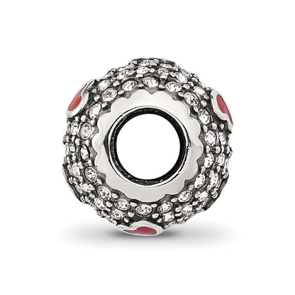 Sterling Silver Reflections CZ and Red Enamel Heart Round Bead