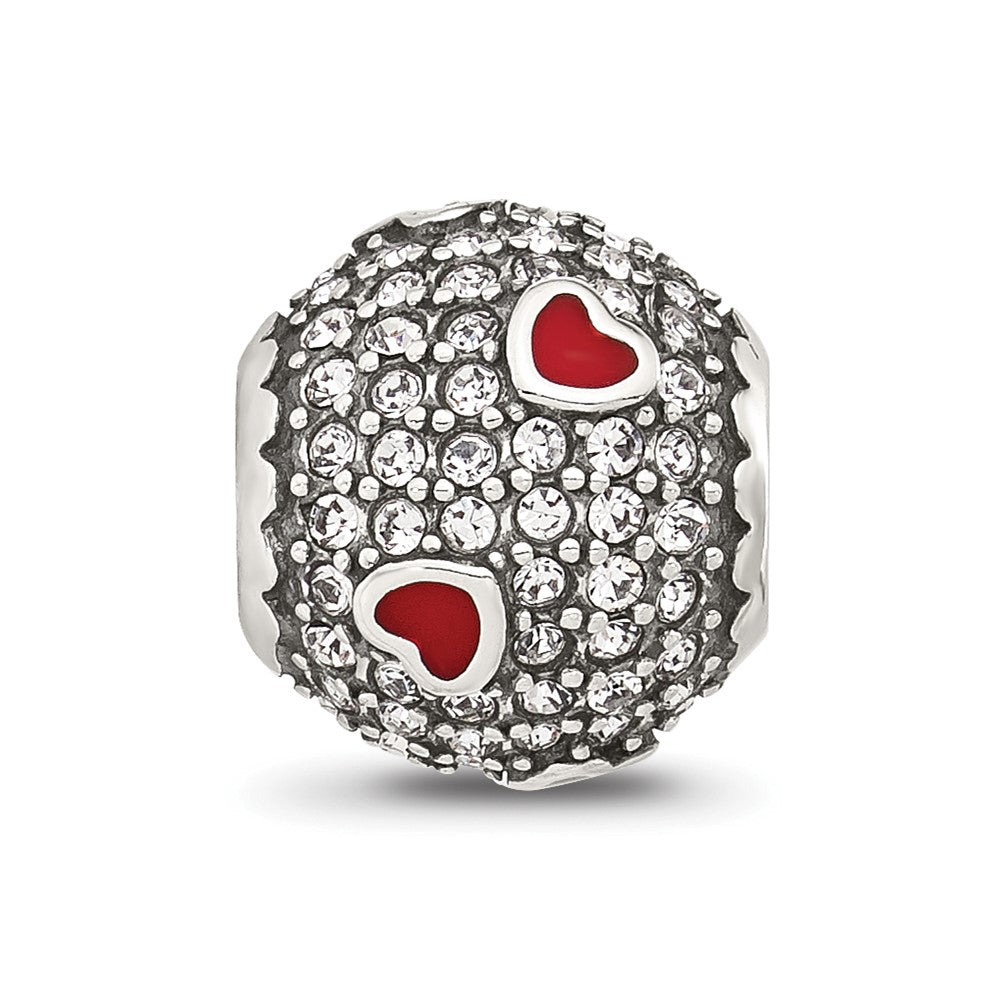 Sterling Silver Reflections CZ and Red Enamel Heart Round Bead