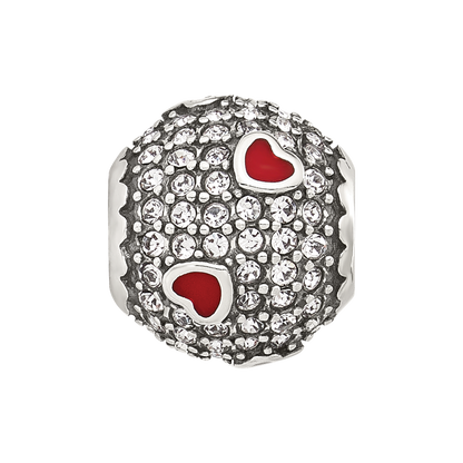 Sterling Silver Reflections CZ and Red Enamel Heart Round Bead