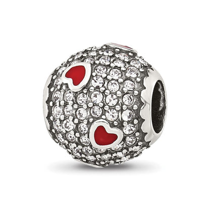 Sterling Silver Reflections CZ and Red Enamel Heart Round Bead