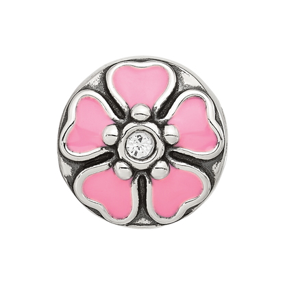 Sterling Silver Reflections Pink Enamel and CZ Flower Bead