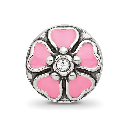 Sterling Silver Reflections Pink Enamel and CZ Flower Bead