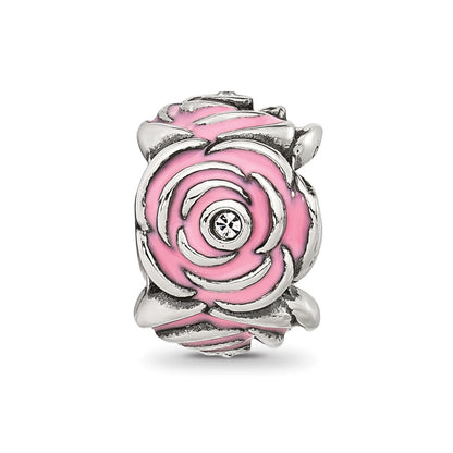 Sterling Silver Reflections Pink Enamel and CZ Floral Bead