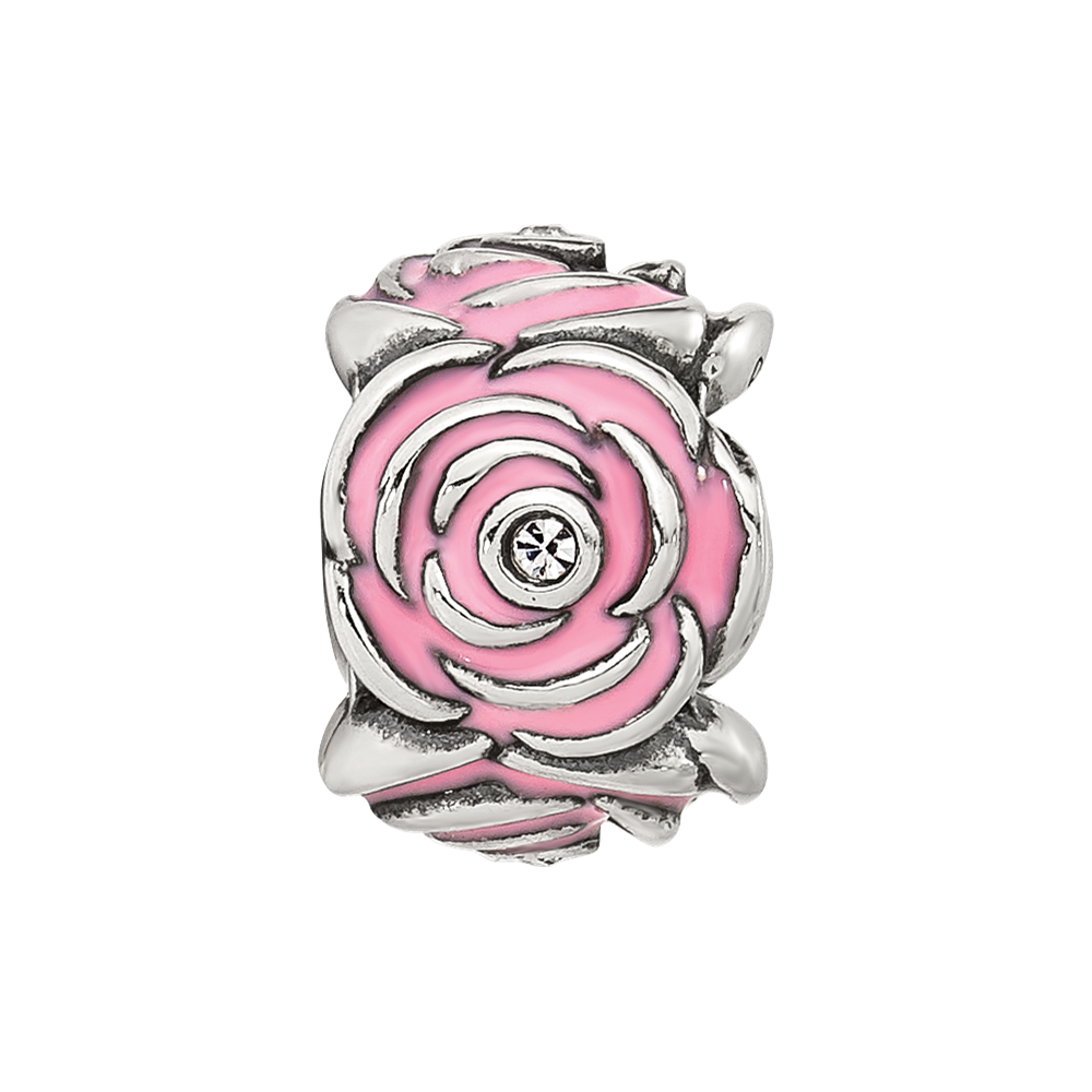 Sterling Silver Reflections Pink Enamel and CZ Floral Bead
