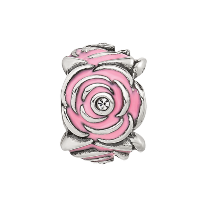 Sterling Silver Reflections Pink Enamel and CZ Floral Bead
