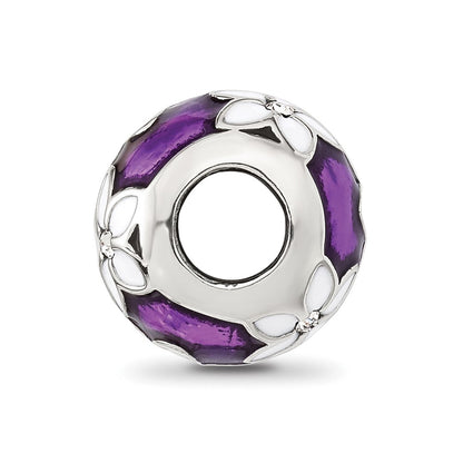 Sterling Silver Reflections Purple and White Enamel and CZ Floral Bead