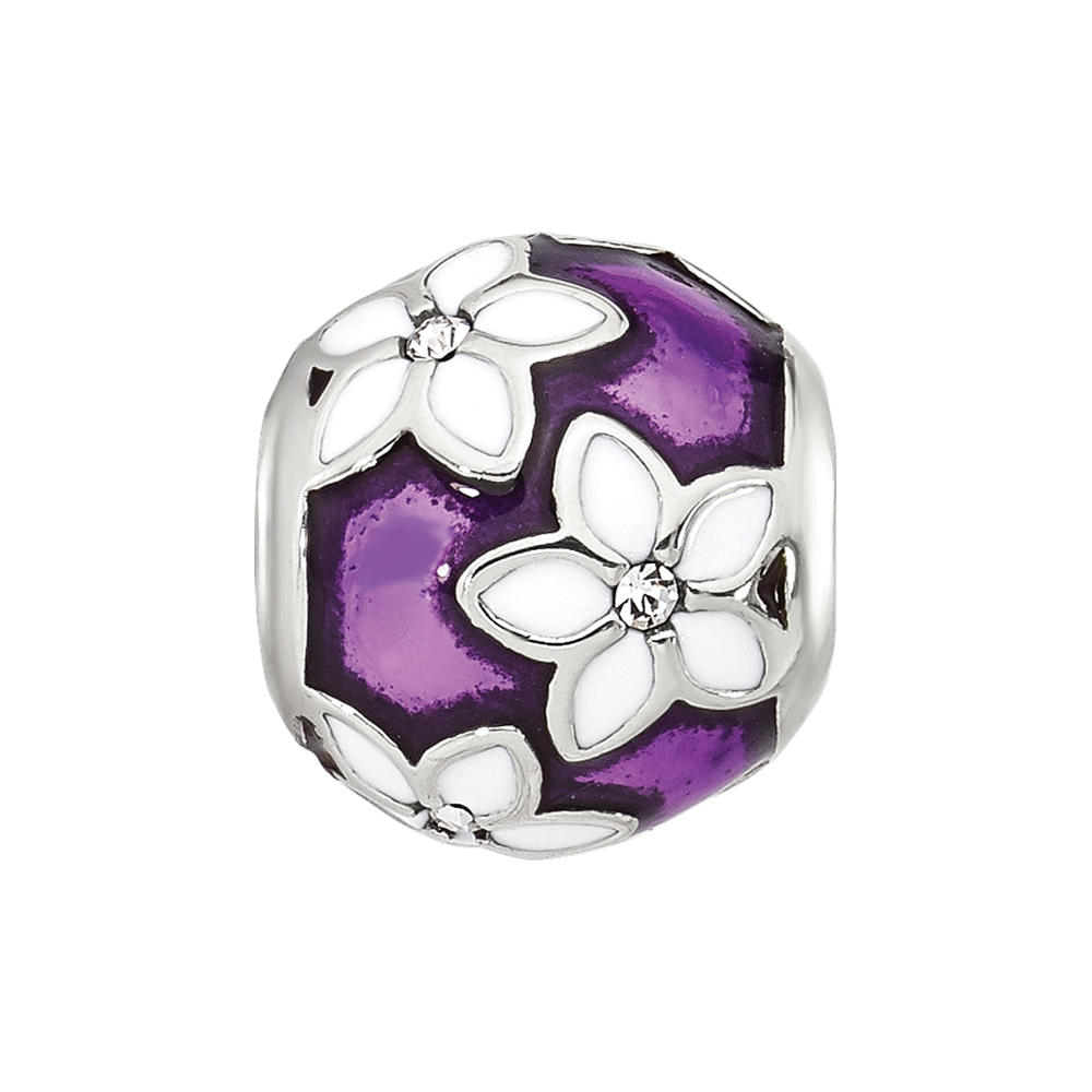 Sterling Silver Reflections Purple and White Enamel and CZ Floral Bead
