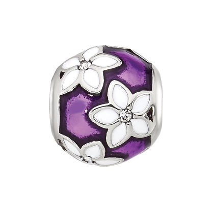 Sterling Silver Reflections Purple and White Enamel and CZ Floral Bead