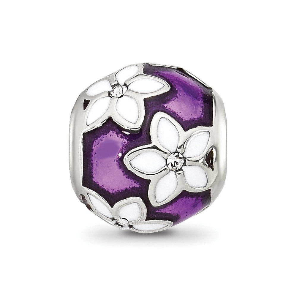Sterling Silver Reflections Purple and White Enamel and CZ Floral Bead