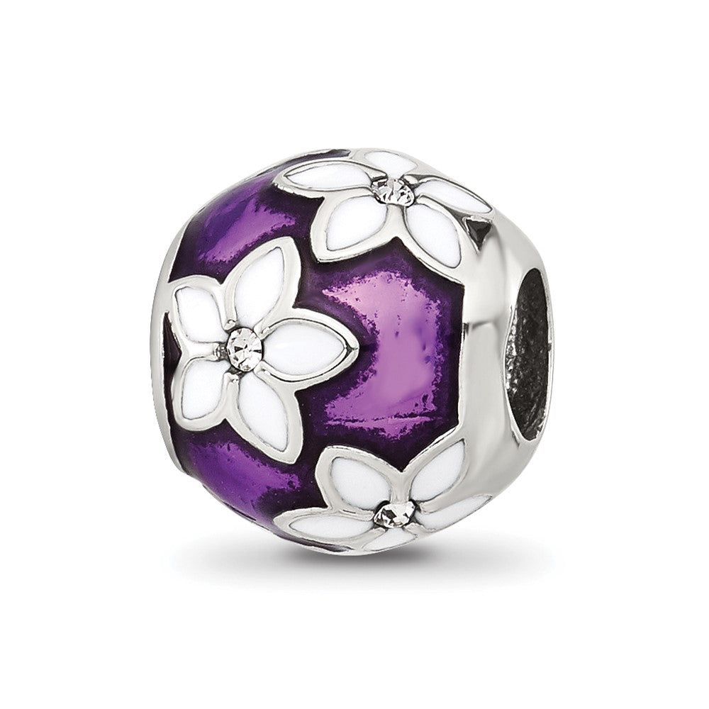 Sterling Silver Reflections Purple and White Enamel and CZ Floral Bead