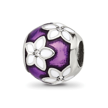 Sterling Silver Reflections Purple and White Enamel and CZ Floral Bead