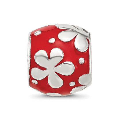 Sterling Silver Reflections Red Enameled Round Floral Bead