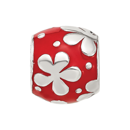 Sterling Silver Reflections Red Enameled Round Floral Bead