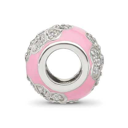 Sterling Silver Reflections CZ Pink Enameled Round Floral Bead