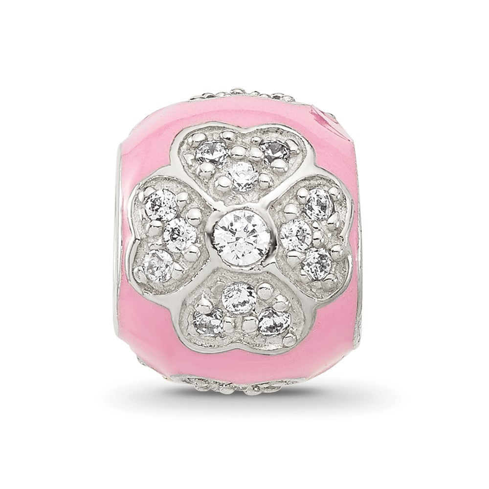 Sterling Silver Reflections CZ Pink Enameled Round Floral Bead