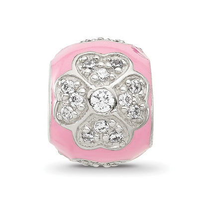 Sterling Silver Reflections CZ Pink Enameled Round Floral Bead
