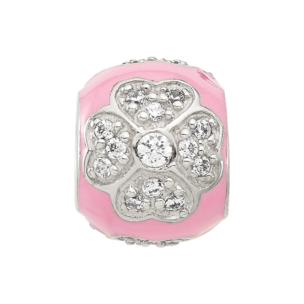 Sterling Silver Reflections CZ Pink Enameled Round Floral Bead