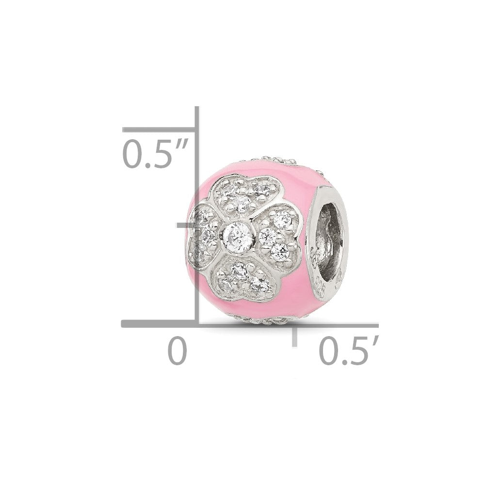 Sterling Silver Reflections CZ Pink Enameled Round Floral Bead
