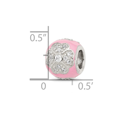 Sterling Silver Reflections CZ Pink Enameled Round Floral Bead