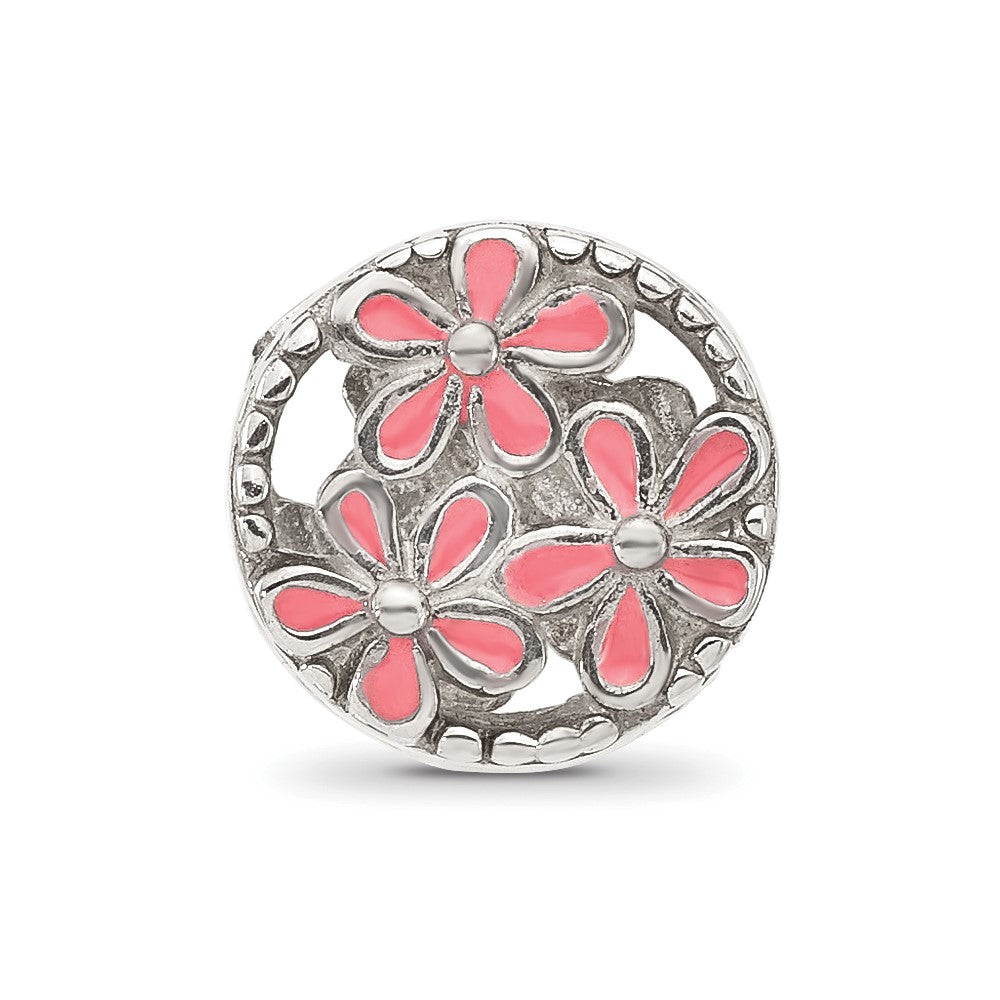 Sterling Silver Reflections Pink Enameled Floral Circle Bead