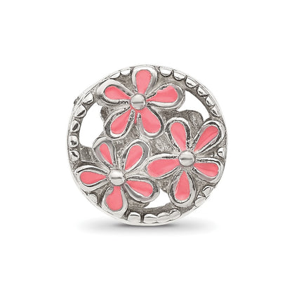 Sterling Silver Reflections Pink Enameled Floral Circle Bead