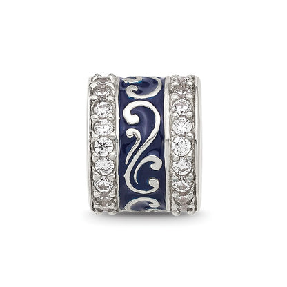 Sterling Silver Reflections Polished CZ Blue Enameled Scroll Bead