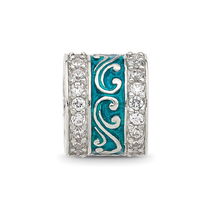 Sterling Silver Reflections Polished CZ Teal Enameled Scroll Bead