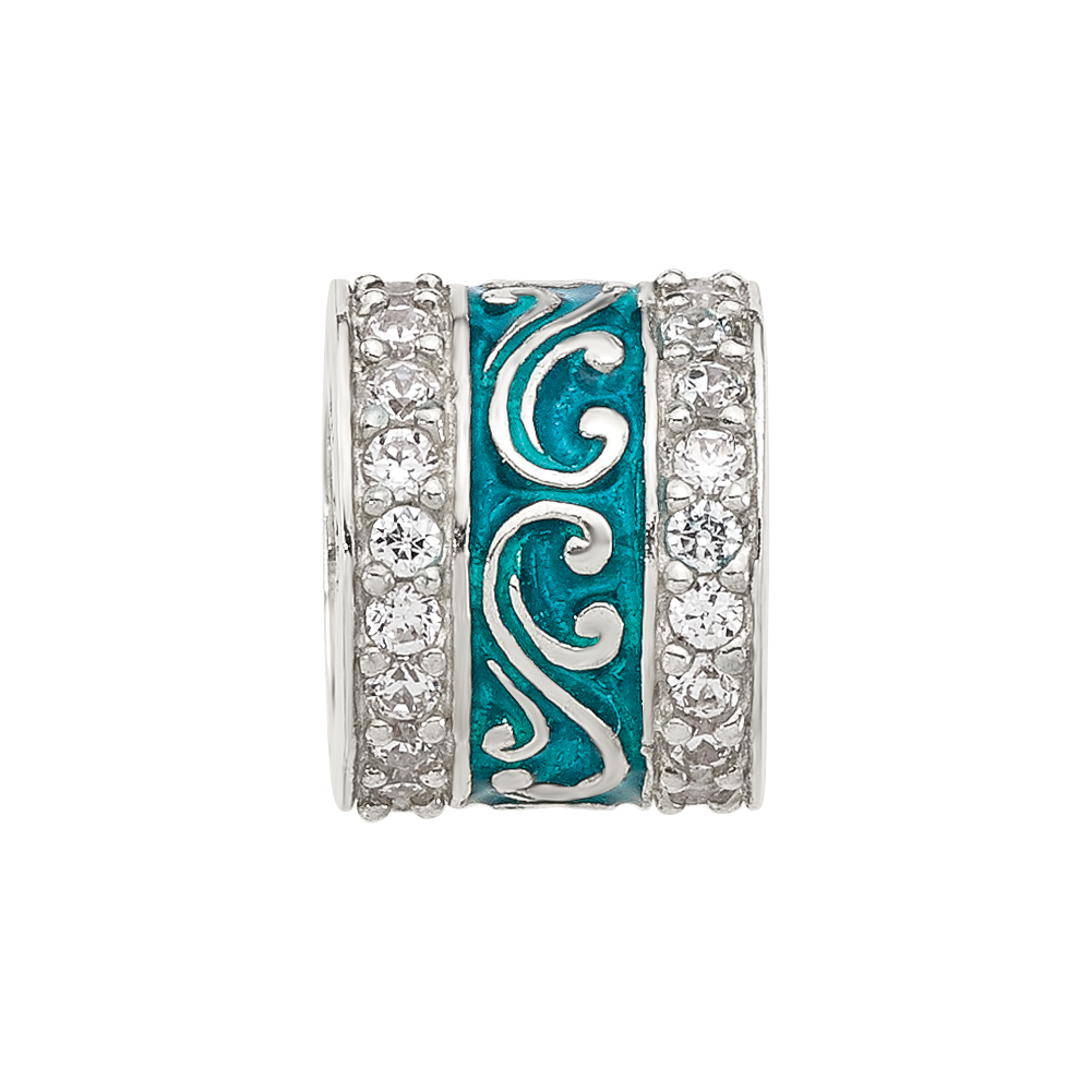 Sterling Silver Reflections Polished CZ Teal Enameled Scroll Bead