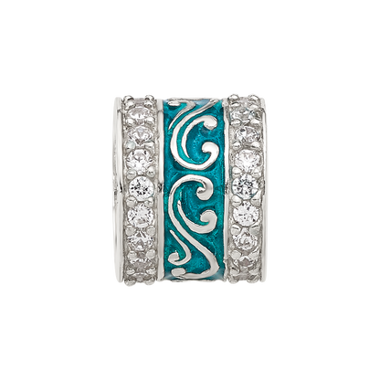 Sterling Silver Reflections Polished CZ Teal Enameled Scroll Bead