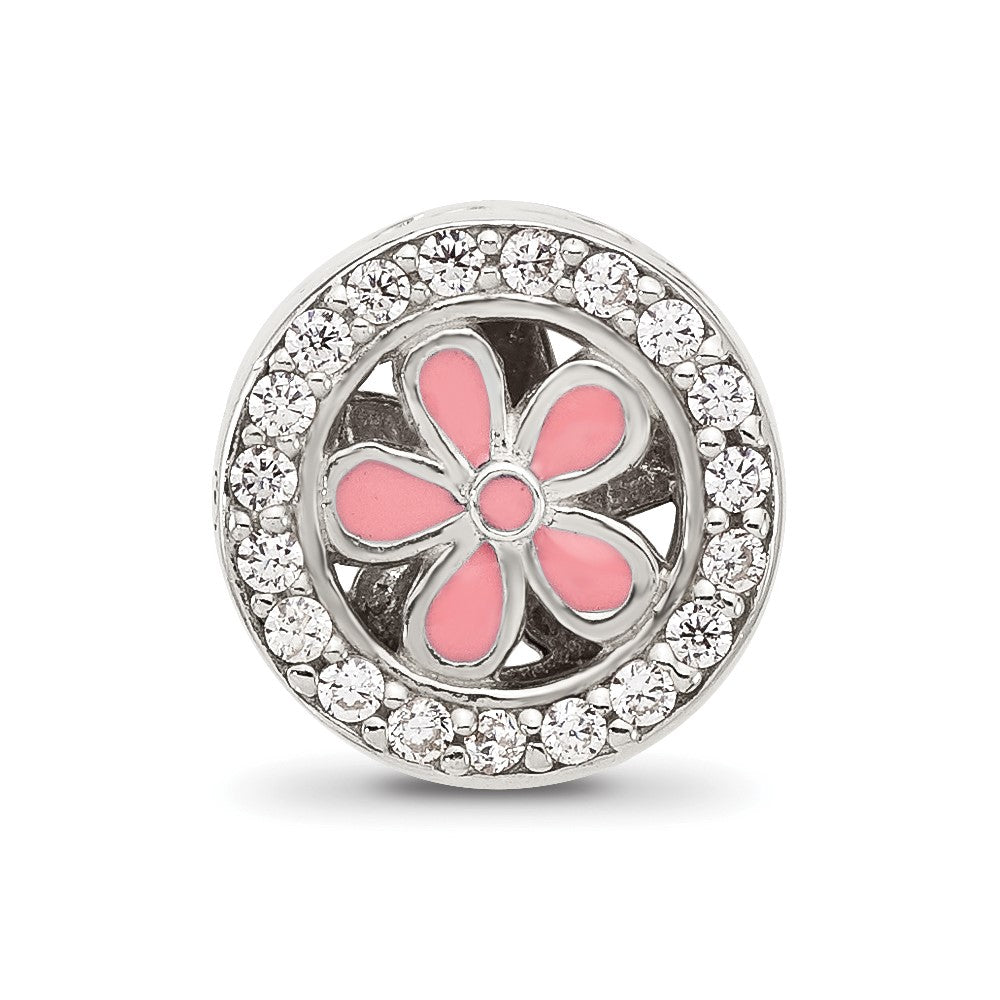 Sterling Silver Reflections Polish CZ and Pink Enamel Flower Circle Bead