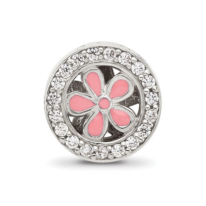 Sterling Silver Reflections Polish CZ and Pink Enamel Flower Circle Bead