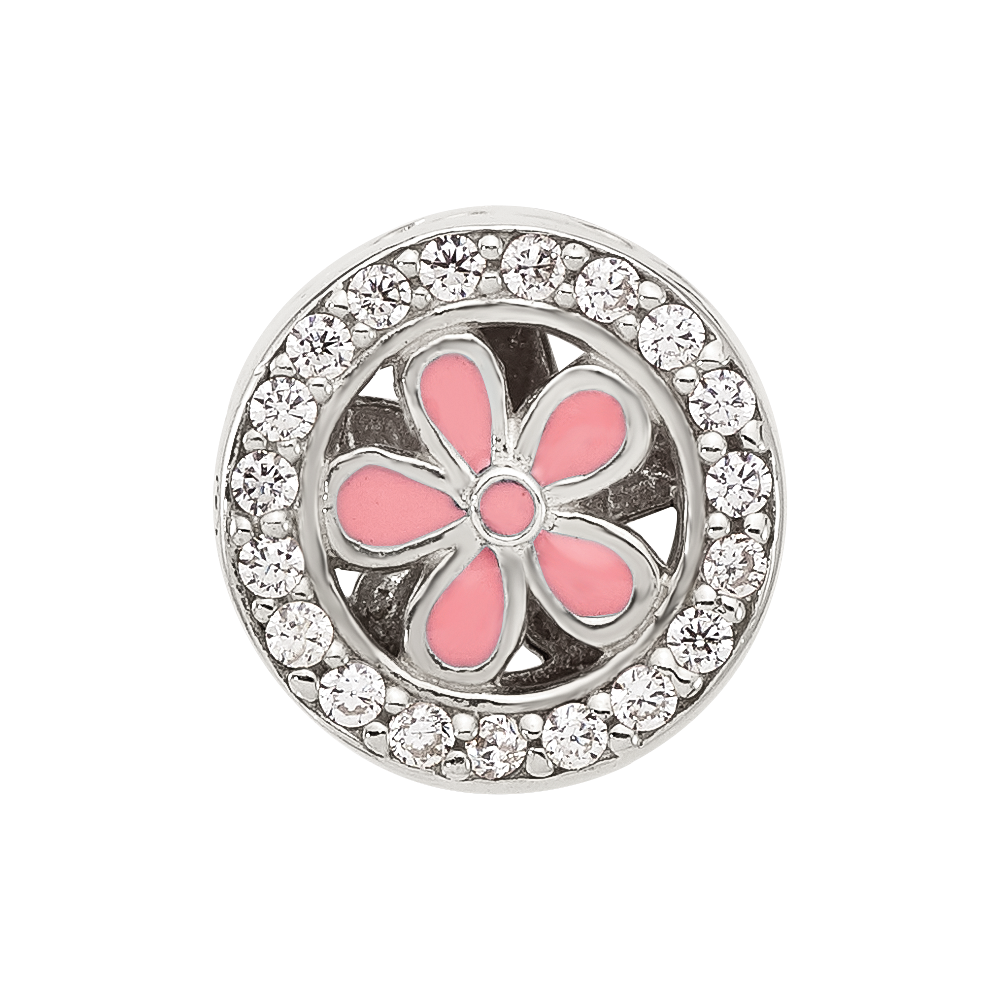 Sterling Silver Reflections Polish CZ and Pink Enamel Flower Circle Bead