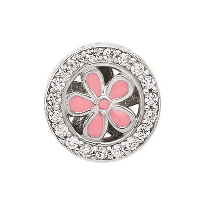 Sterling Silver Reflections Polish CZ and Pink Enamel Flower Circle Bead