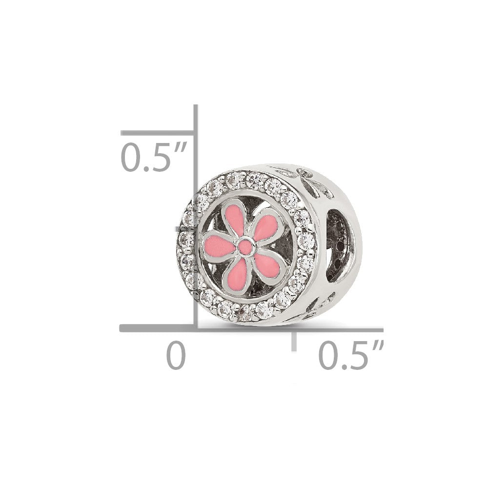 Sterling Silver Reflections Polish CZ and Pink Enamel Flower Circle Bead