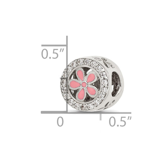 Sterling Silver Reflections Polish CZ and Pink Enamel Flower Circle Bead