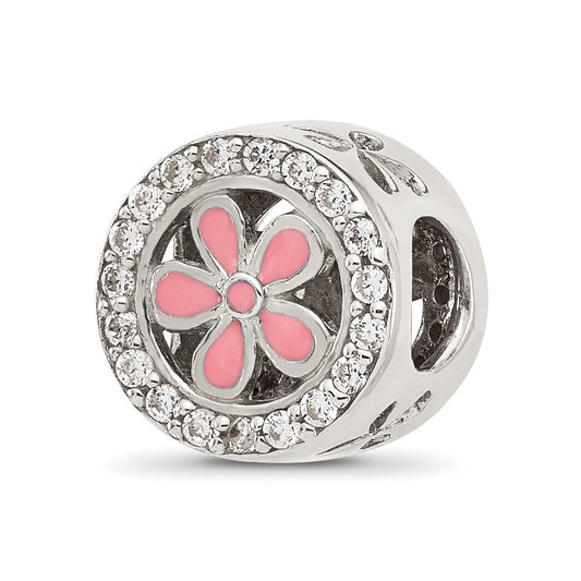 Sterling Silver Reflections Polish CZ and Pink Enamel Flower Circle Bead