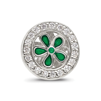 Sterling Silver Reflections Polish CZ and Green Enamel Flower Circle Bead