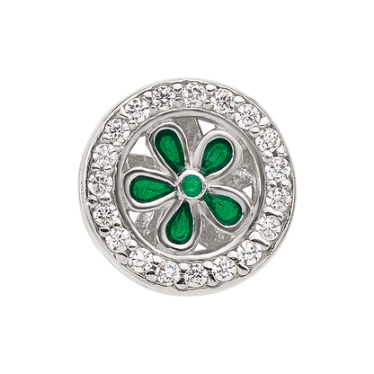 Sterling Silver Reflections Polish CZ and Green Enamel Flower Circle Bead