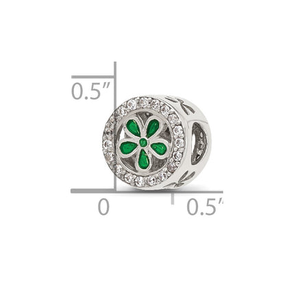 Sterling Silver Reflections Polish CZ and Green Enamel Flower Circle Bead